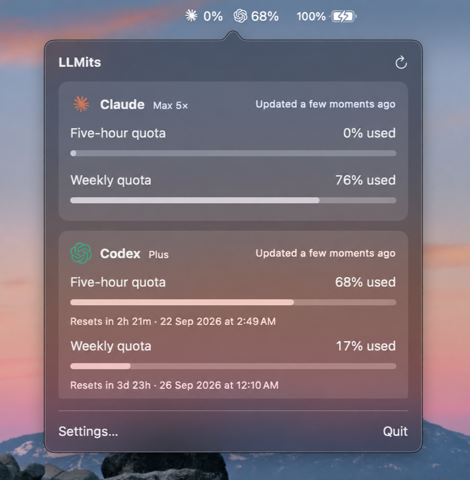 LLMits popover showing Claude and ChatGPT quota usage