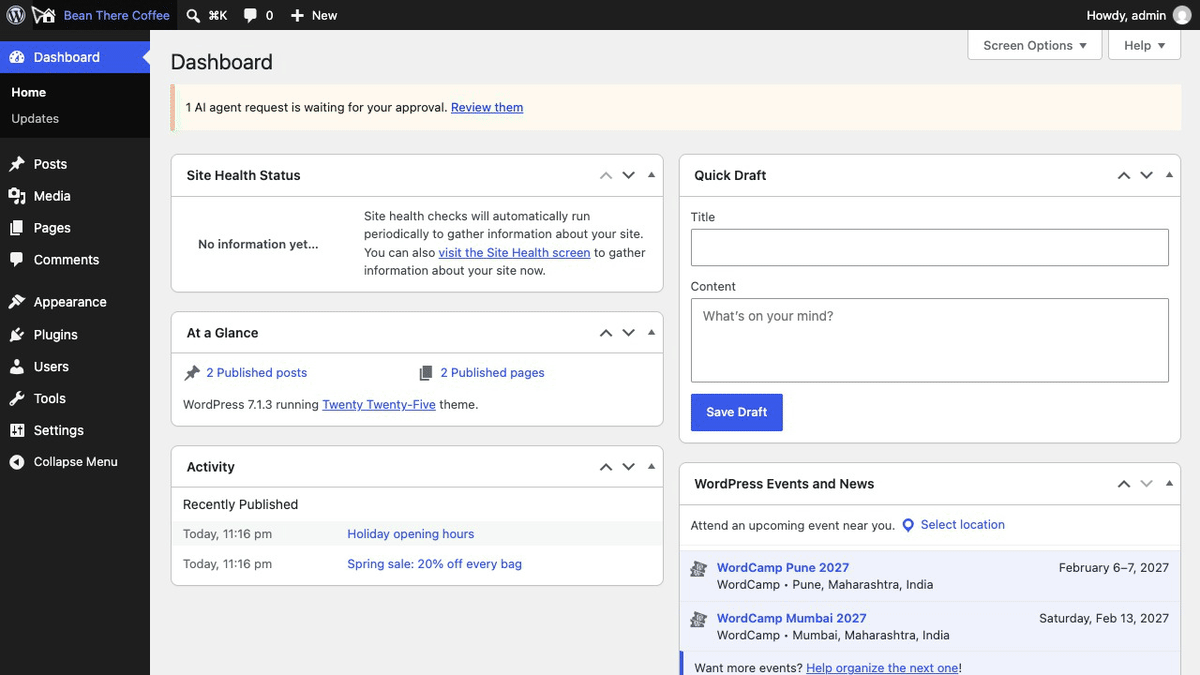 An agent's page edit held for approval: the notice, the before and after preview, Approve and run, and the activity log