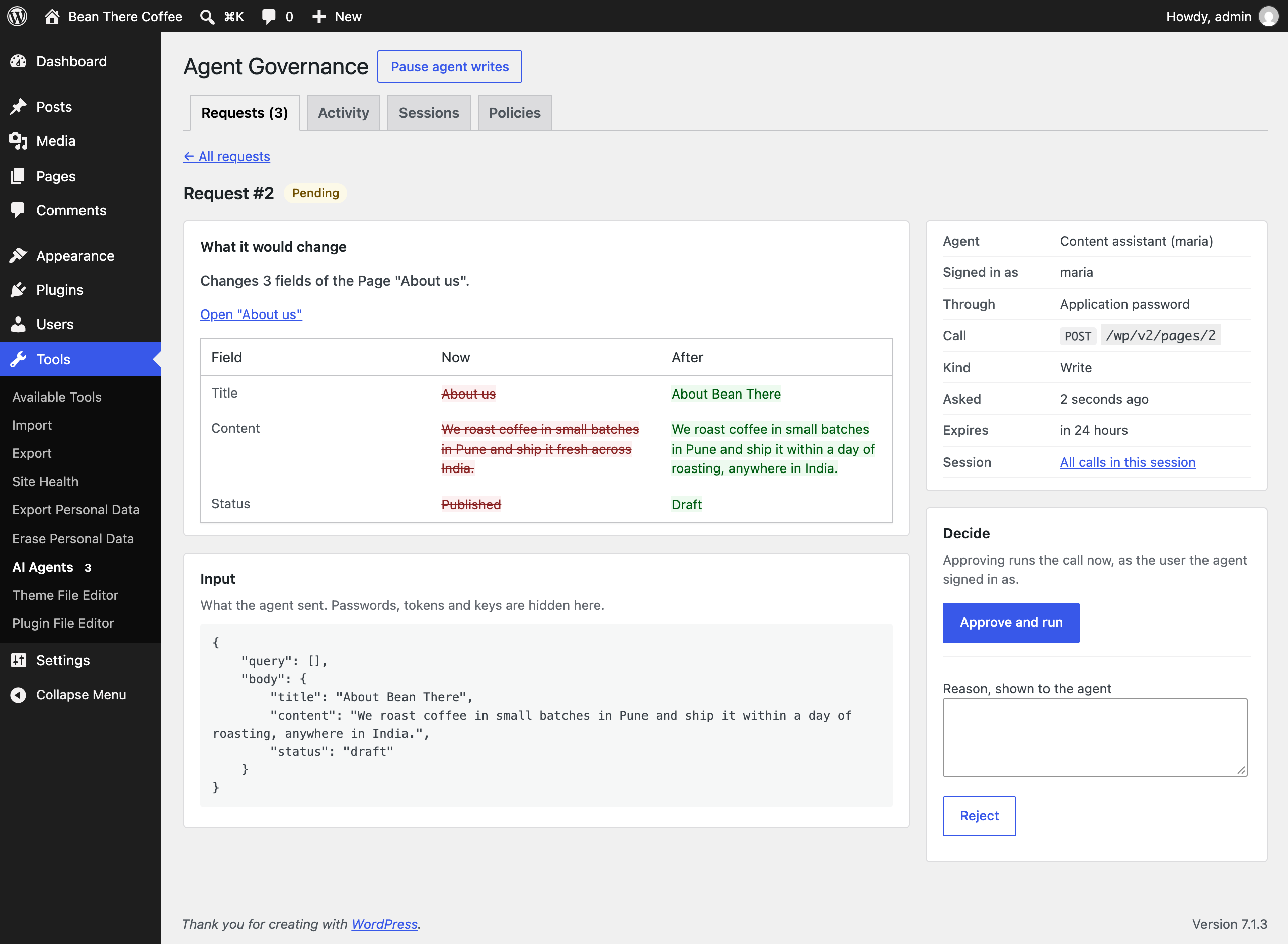 A held request with its dry-run preview, before approving or rejecting it