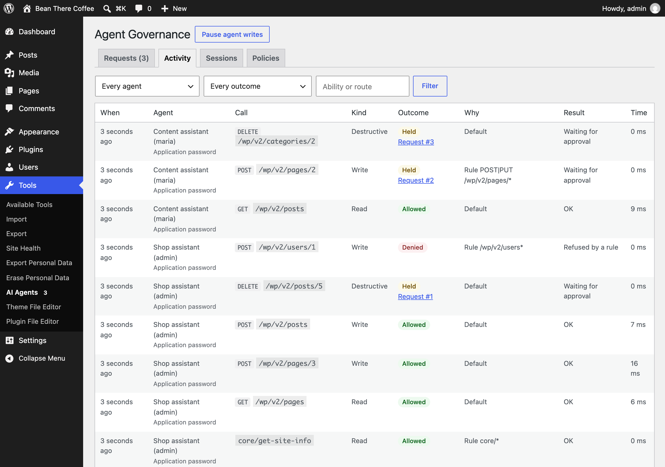 Activity: every agent call and its outcome, with filters