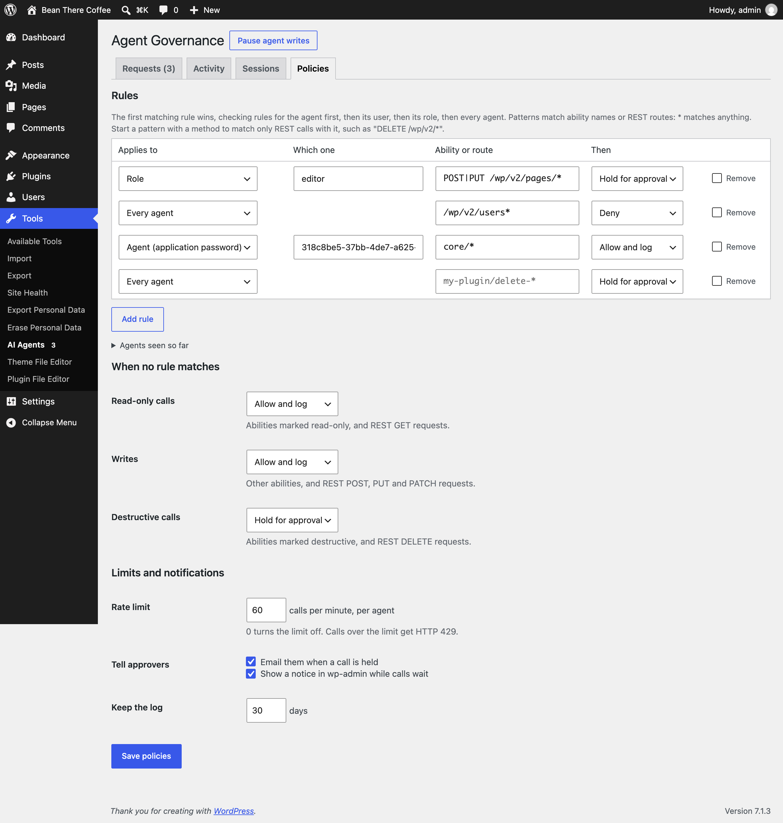 Policies: rules per agent, user or role, the defaults, the rate limit and notifications