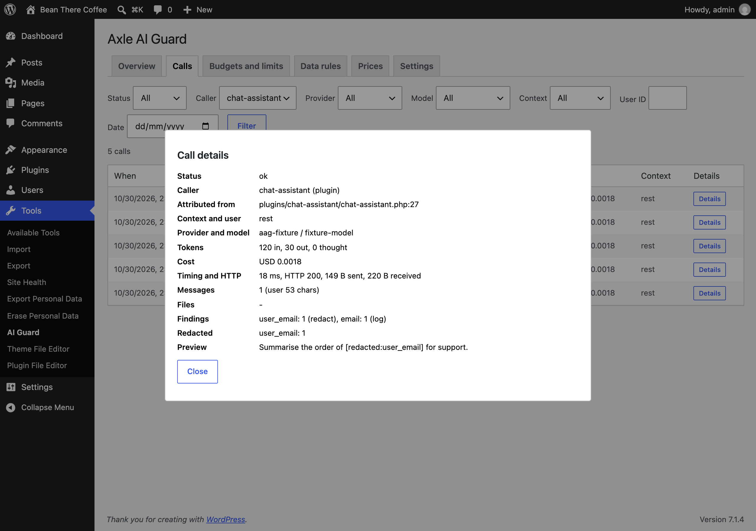Call details: the file the call was traced to, the data profile, what was found and redacted, tokens, cost and timing