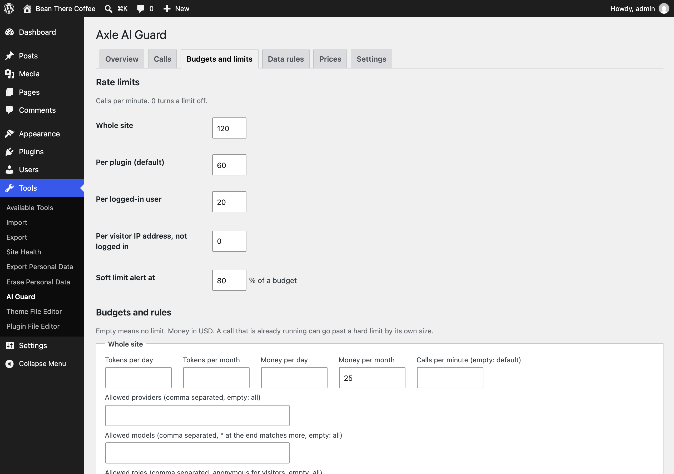 Budgets and limits per plugin: tokens and money, rate limits, contexts, providers, models and roles