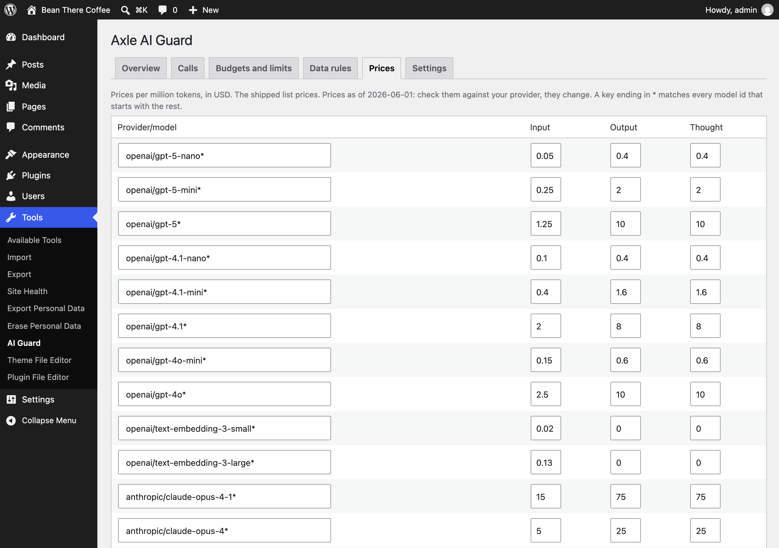 Prices per provider and model, editable, with the date they are from
