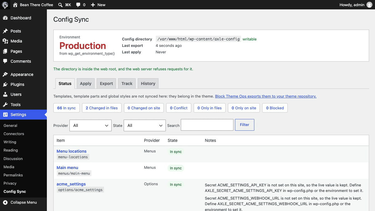 Two settings changed in git: the status, the preview with before and after, Apply, and Undo from History