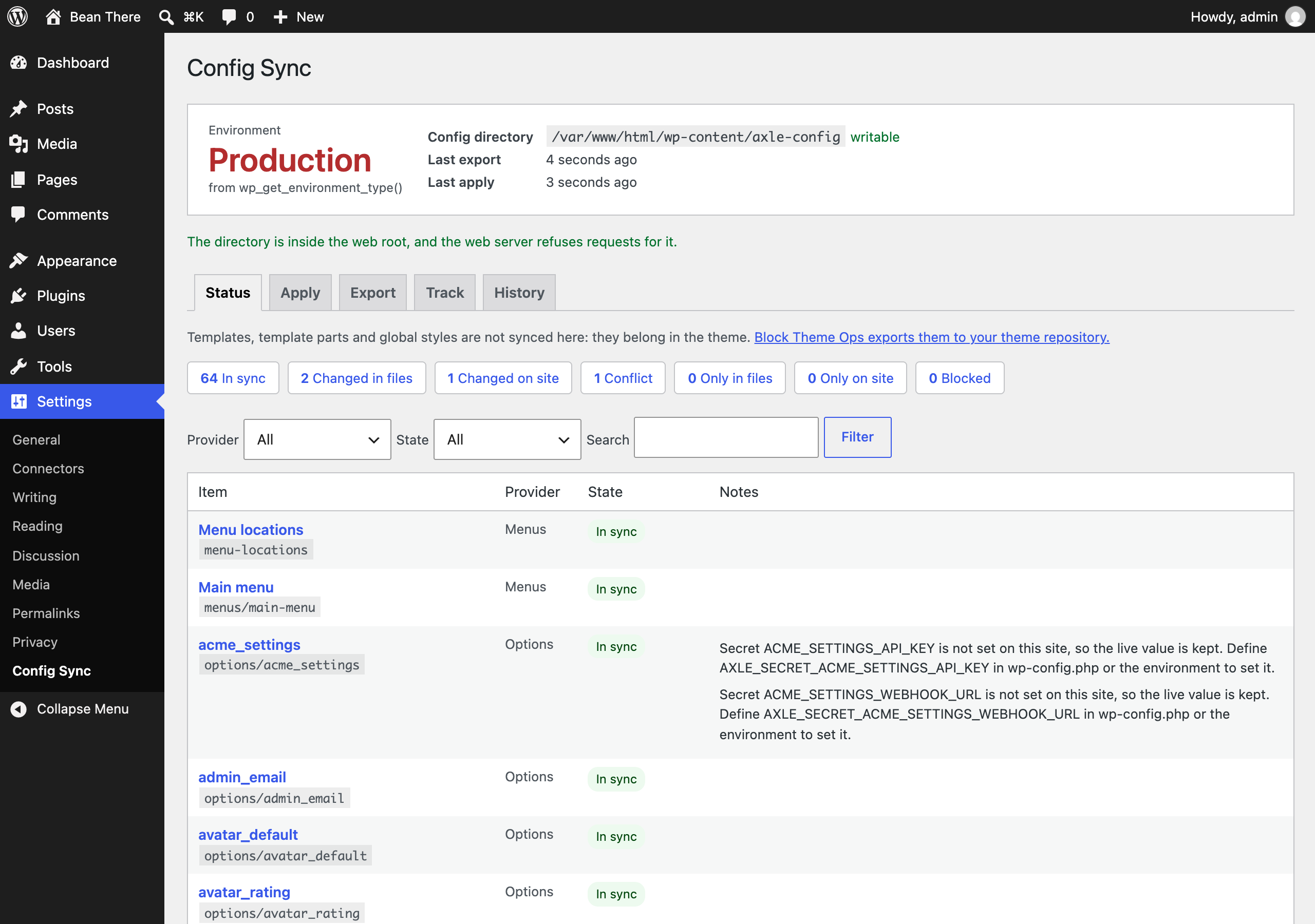Status: the environment, the config directory and every tracked item with its three-way state