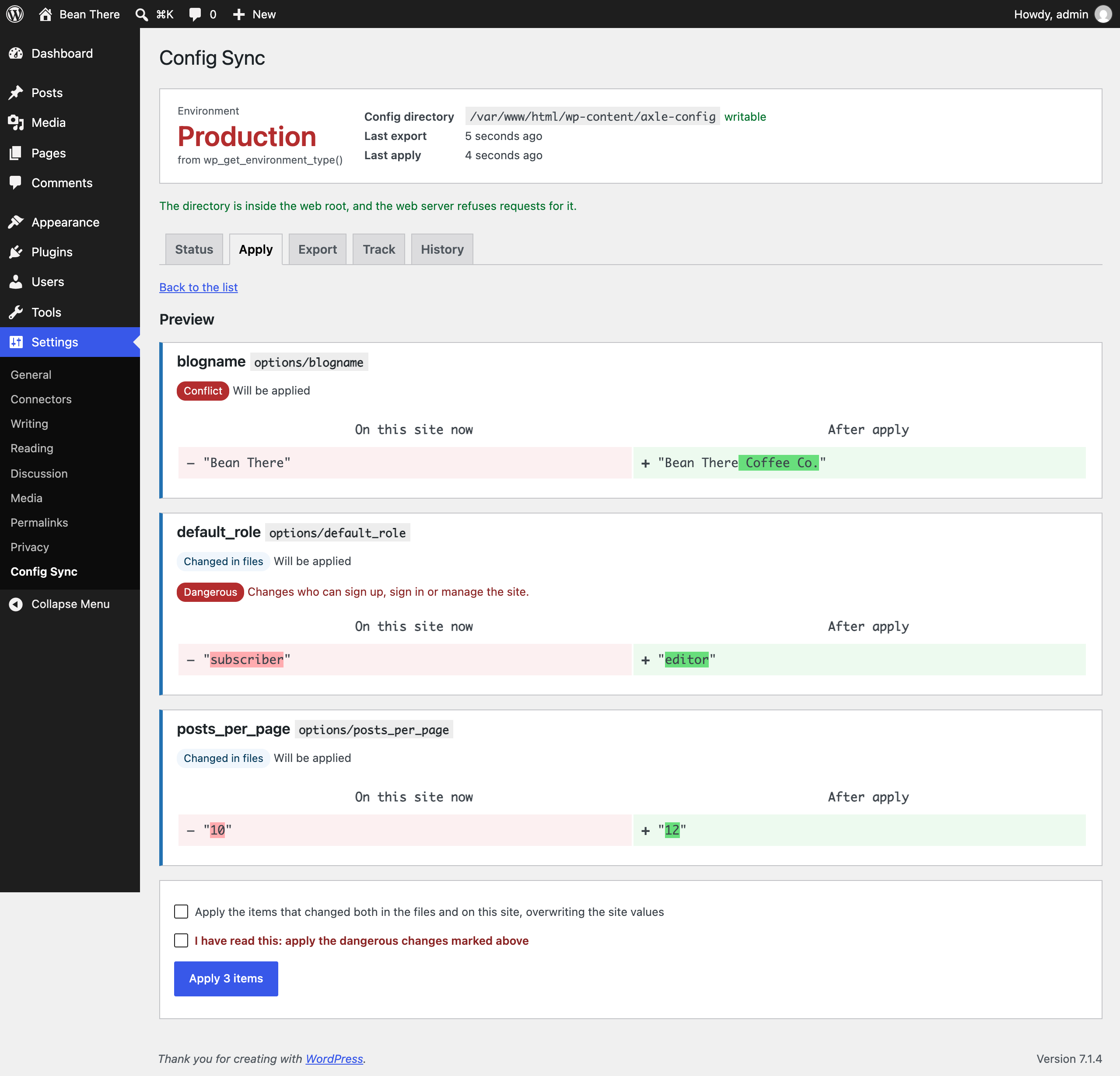 The preview before an apply: each change before and after, a dangerous change, and the confirmation it needs