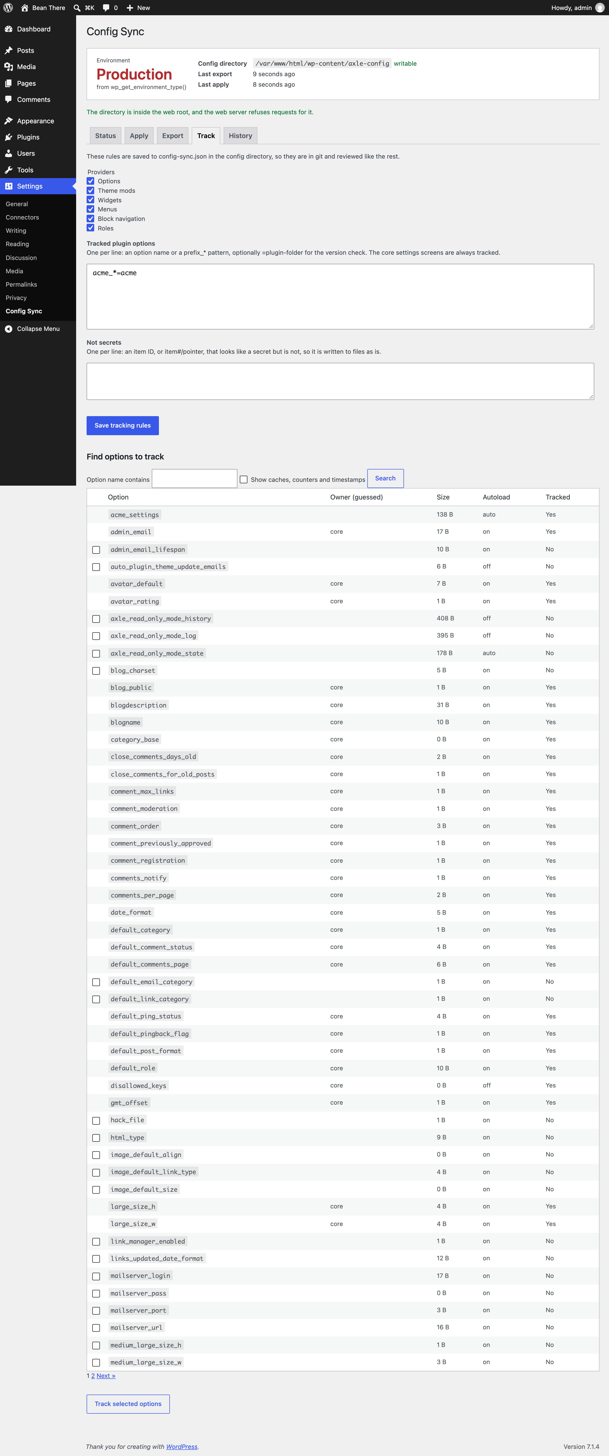 Track: which providers and plugin options are synced, and the option finder