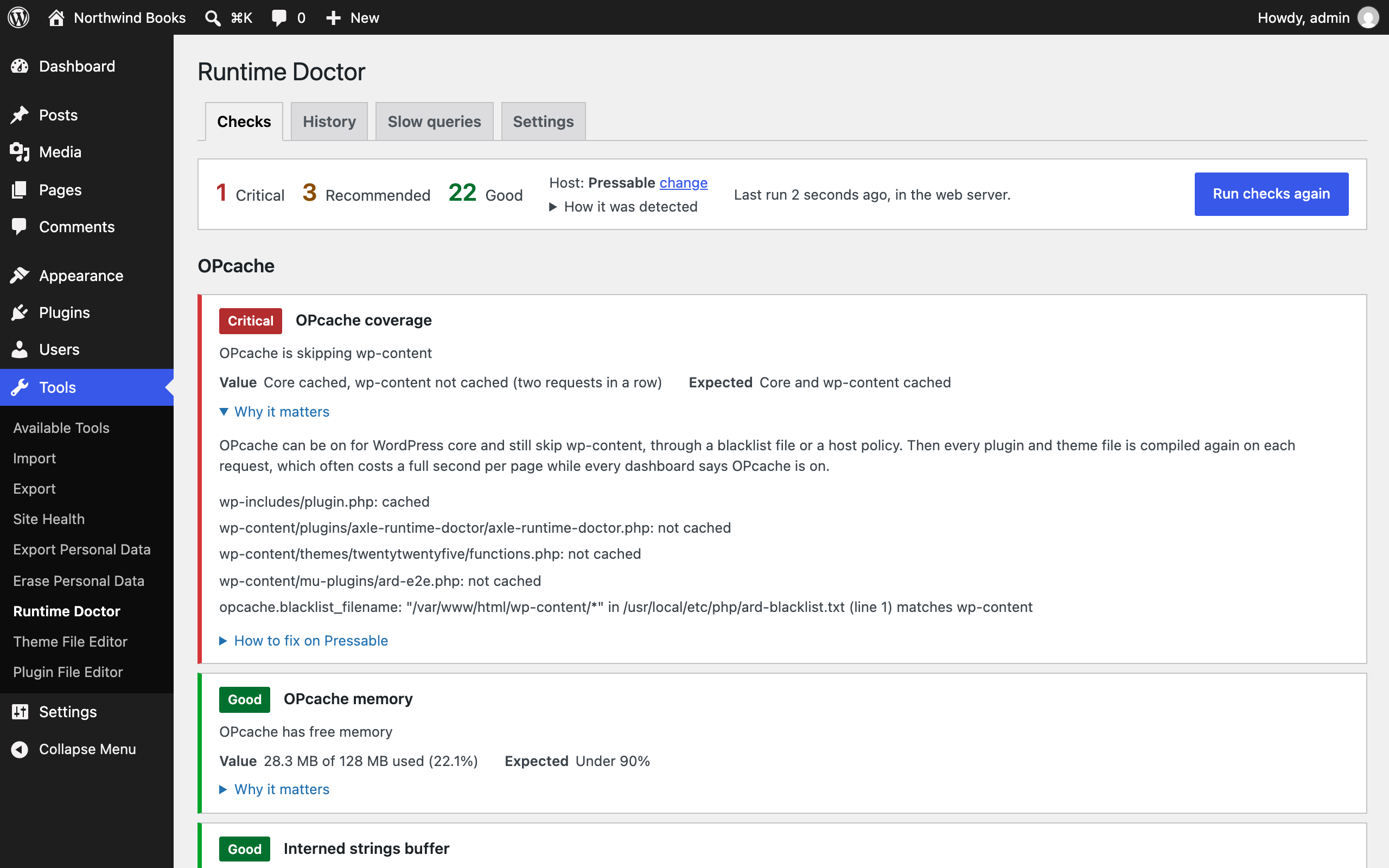 The checks, with OPcache skipping wp-content and the blacklist that causes it