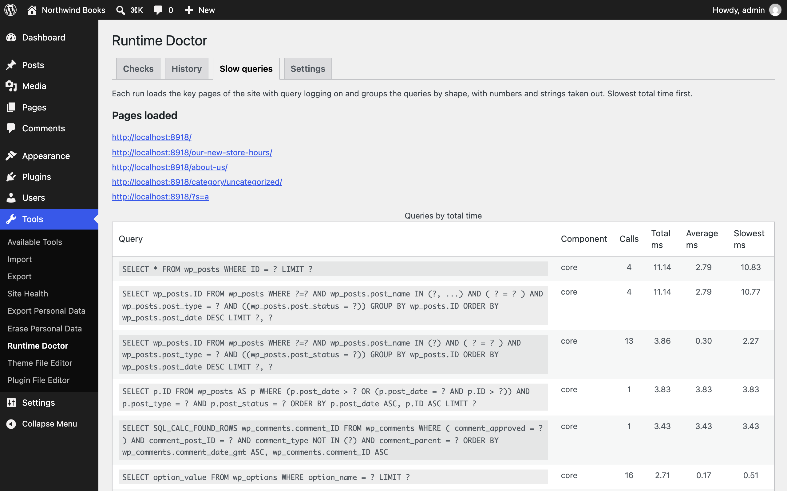 Slow queries on the key pages, grouped by shape, with the component that sent them