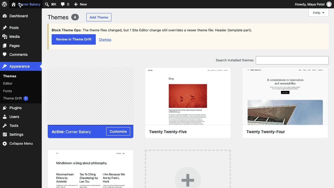 A theme deploy left an edited header behind: the notice, the three-way diff, a pull request, then reset and undo