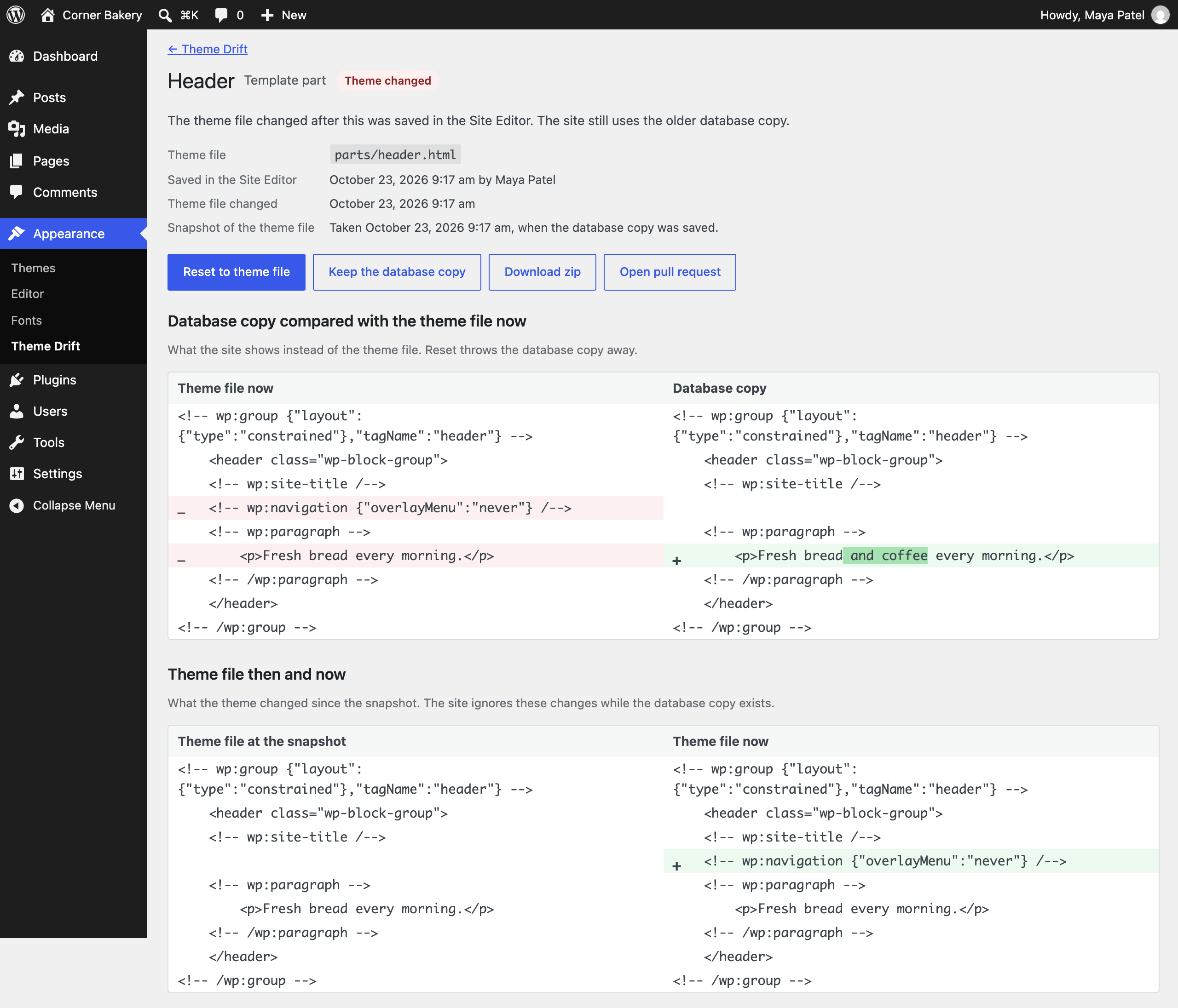 One template part: the database copy against the theme file now, and what the theme changed since the edit