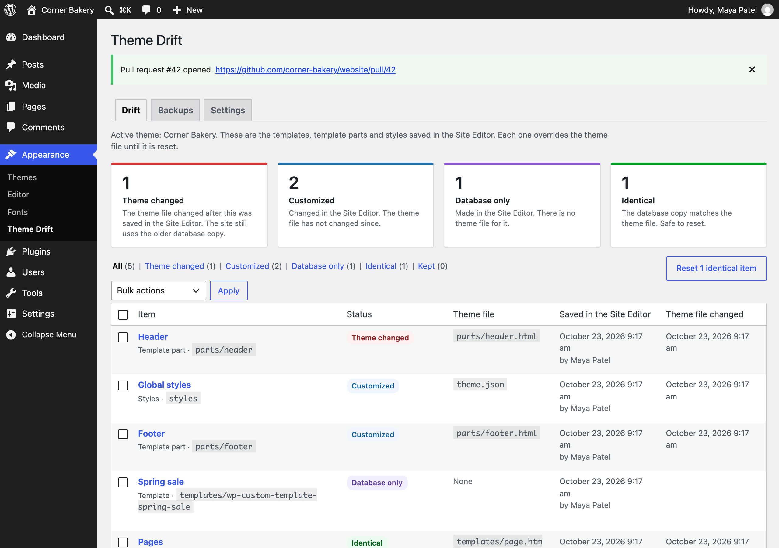 A pull request opened on GitHub with the selected Site Editor changes