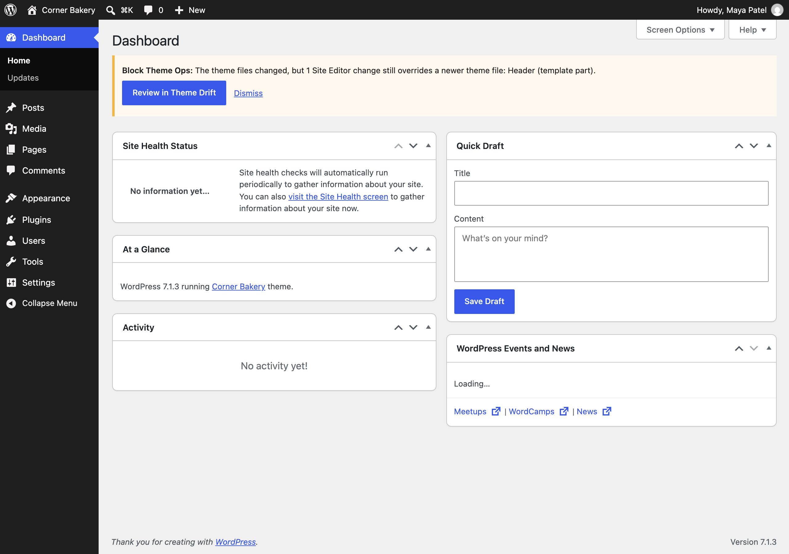 The notice after a theme update leaves a Site Editor change behind