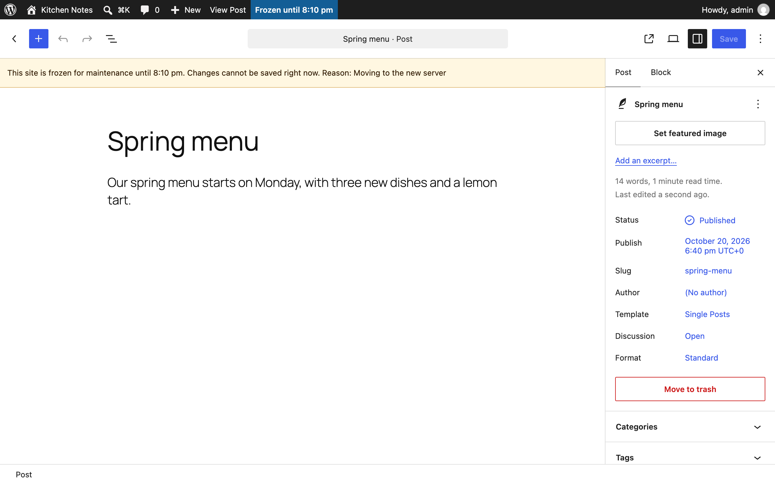 The block editor during a freeze
