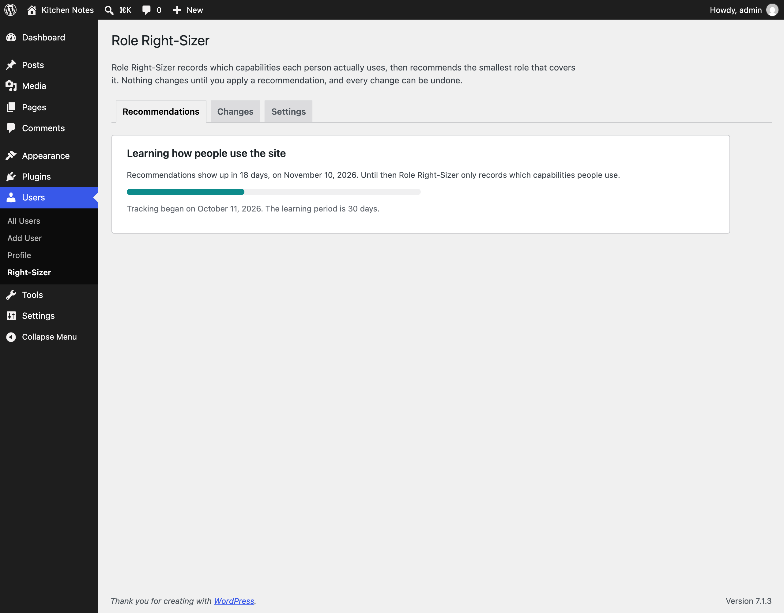 The learning period, with how long is left before recommendations show up