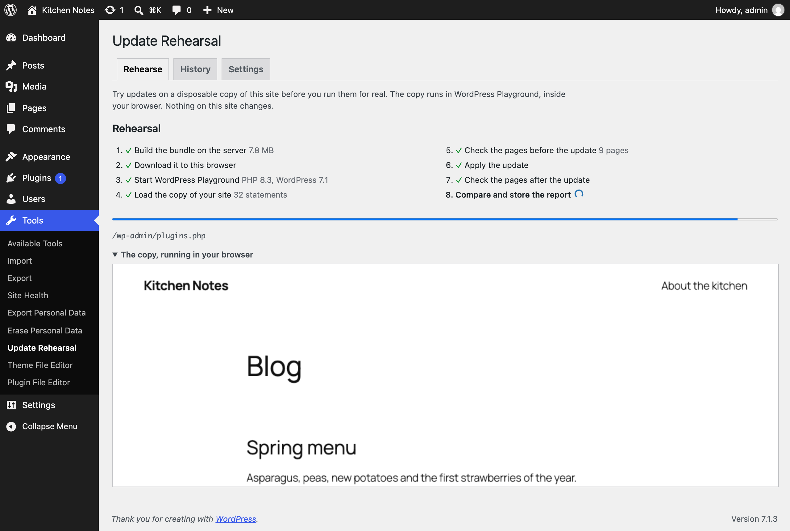 A rehearsal running: the copy of the site in WordPress Playground, inside the screen