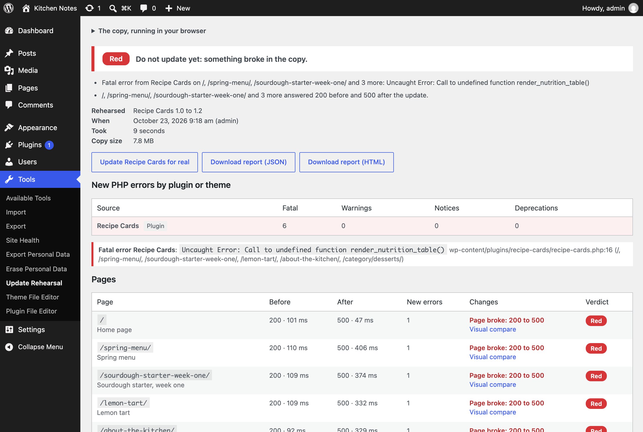 A red verdict: the update broke the front end, and the report names the plugin