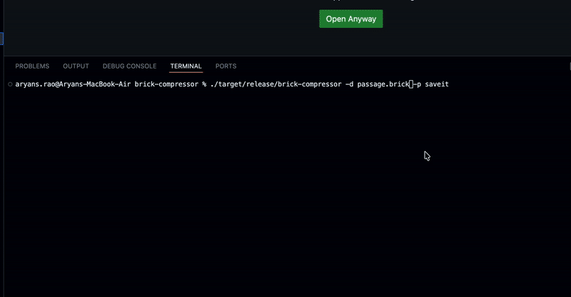 Brick Compressor decompression demonstration showing file restoration