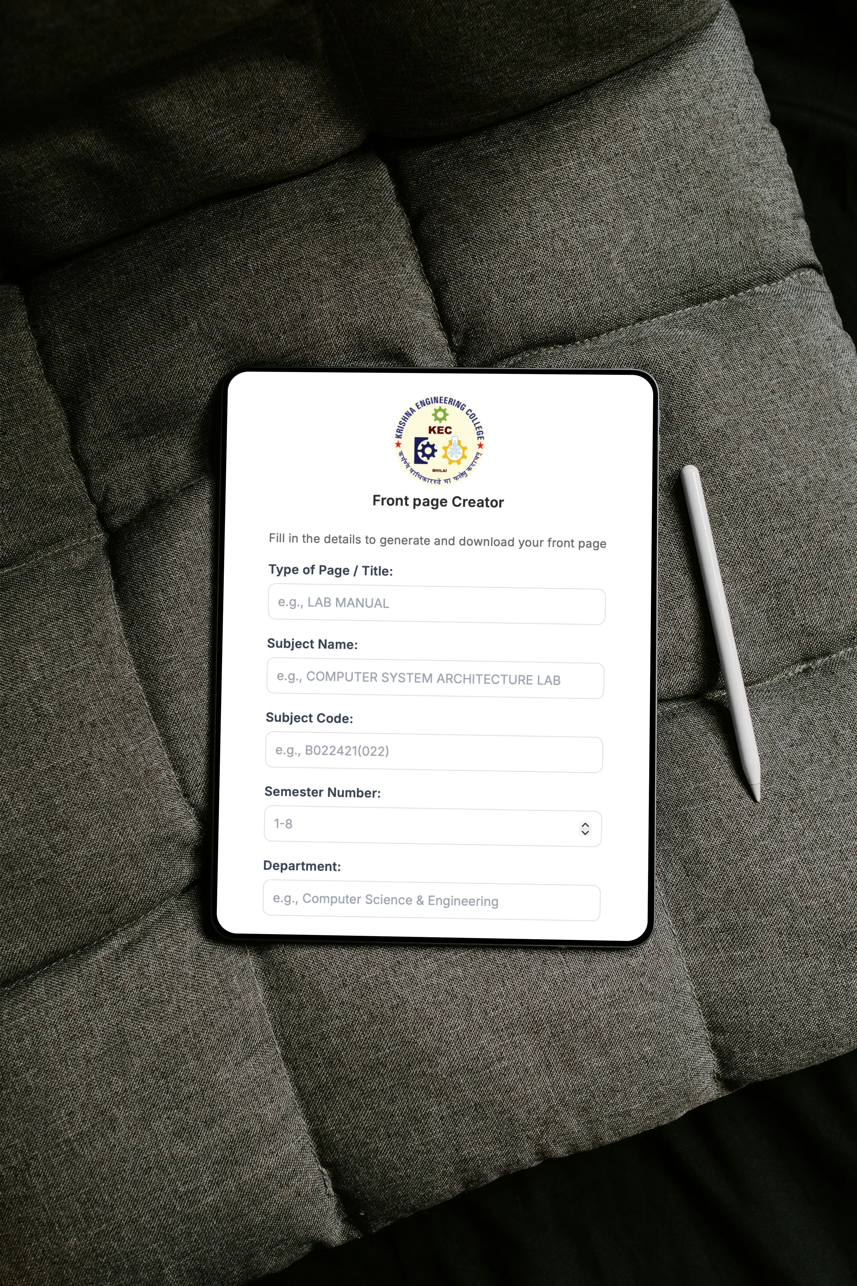 Krishna Engineering College front page maker website