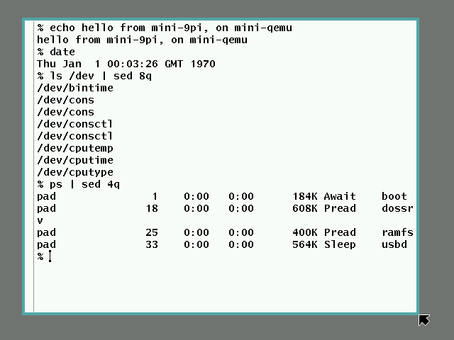 mini-9pi under mini-qemu: a rio window, with echo, date, ls and ps typed in it
