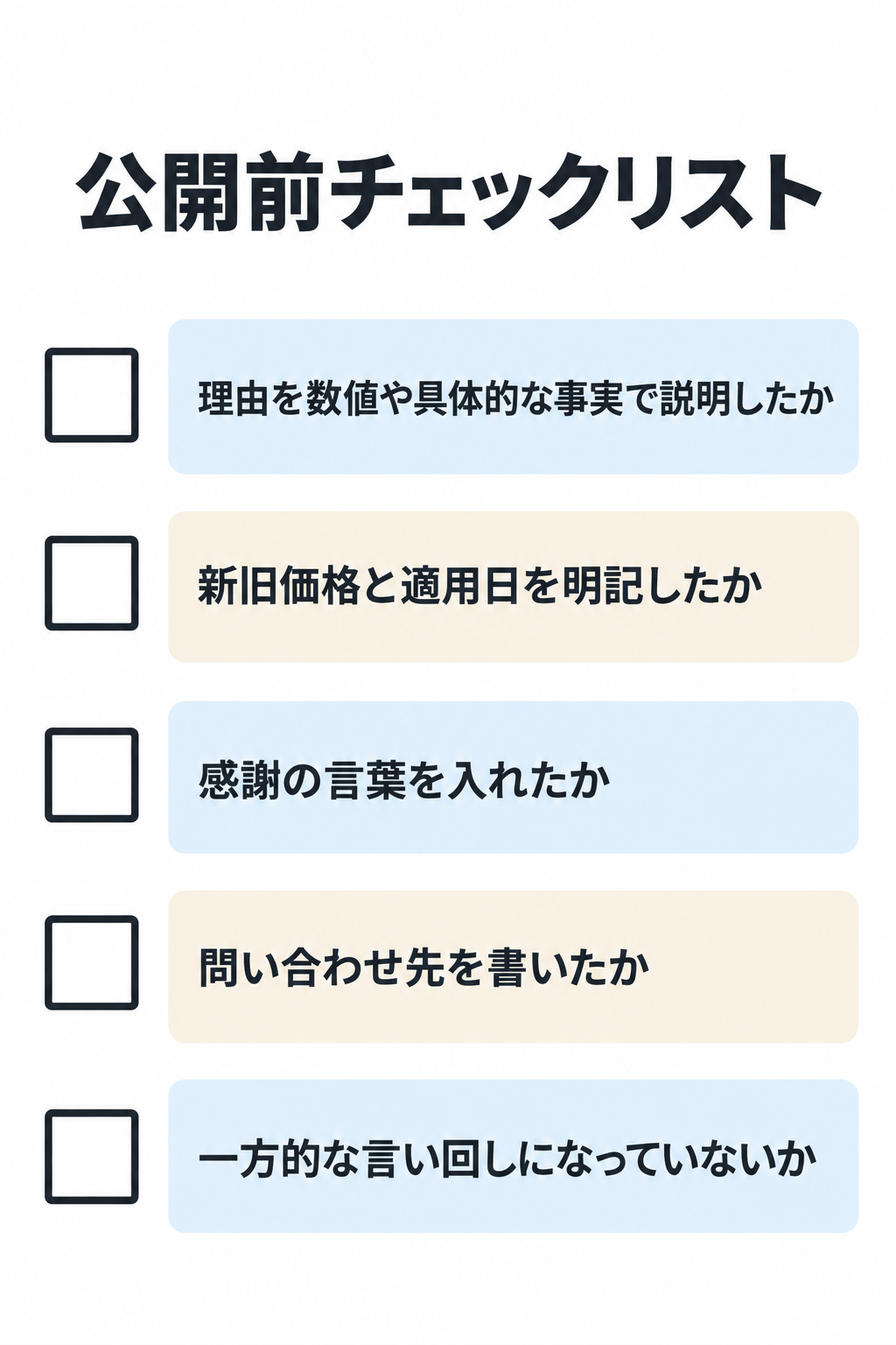 値上げ案内文を公開する前に確認する5つのチェック項目