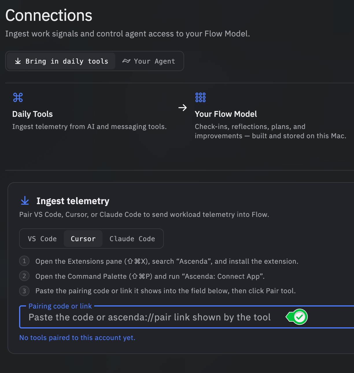 The Connections pane in the Ascenda macOS app