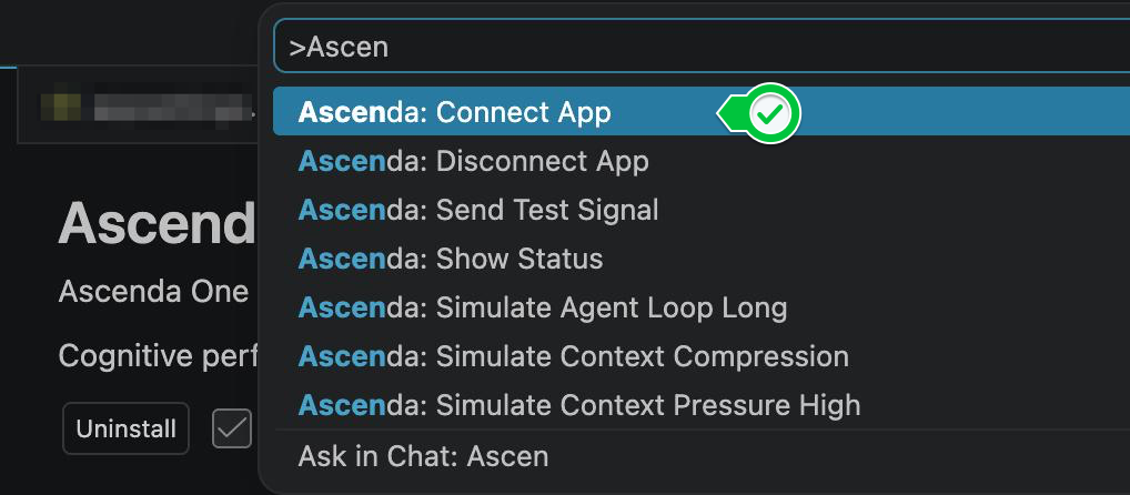 The Ascenda commands in the VS Code Command Palette