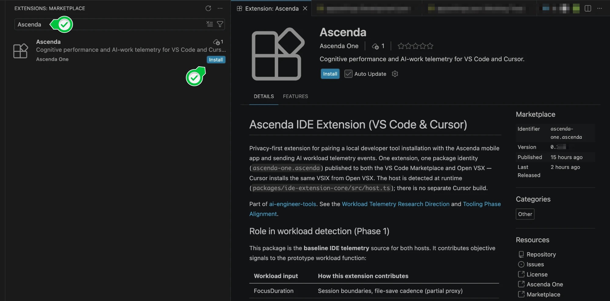 Searching for Ascenda in the VS Code Extensions pane