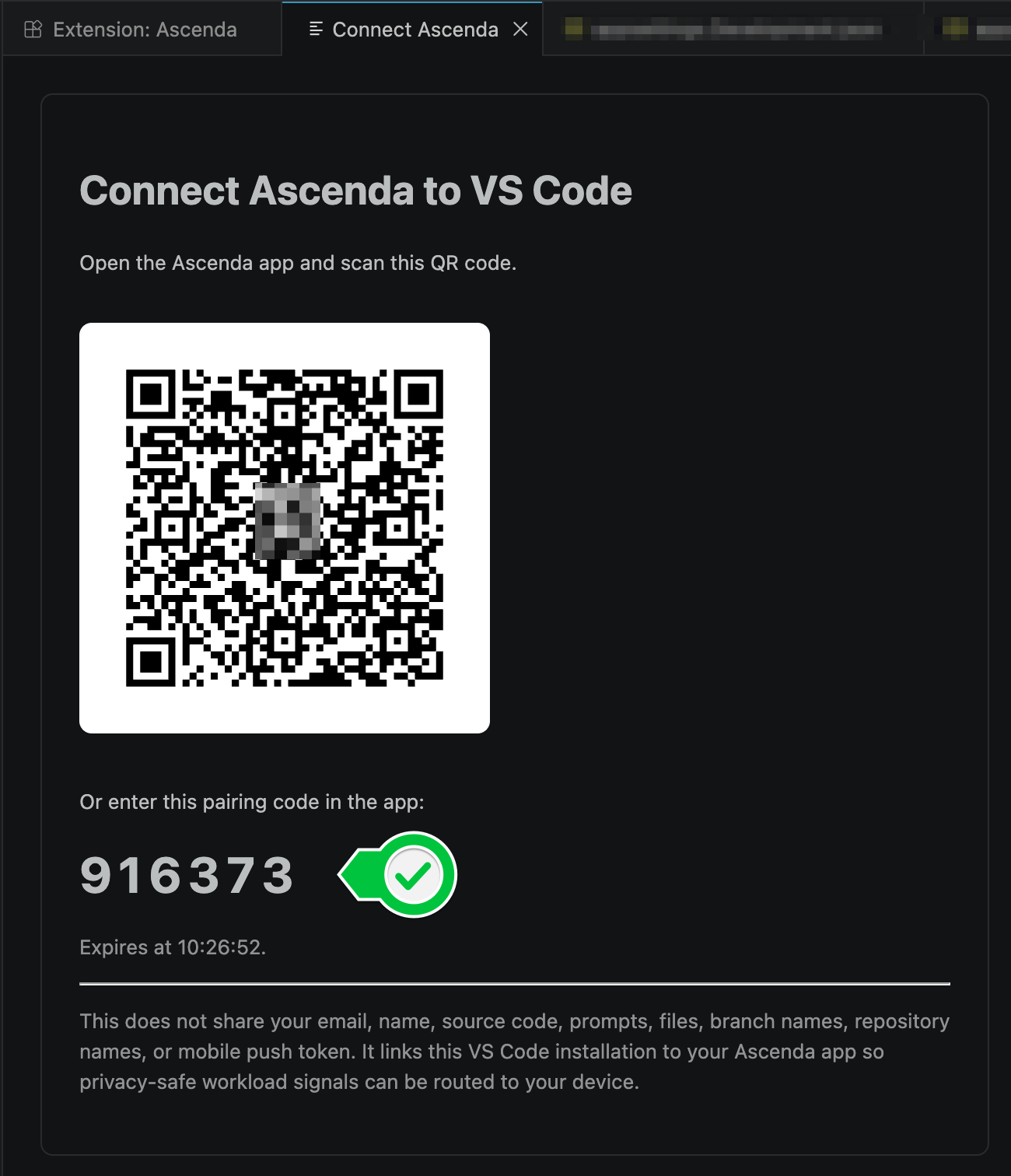 The Ascenda pairing panel in VS Code, showing a QR code and a six-digit pairing code