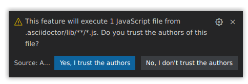Asciidoctor.js extensions trust confirmation message