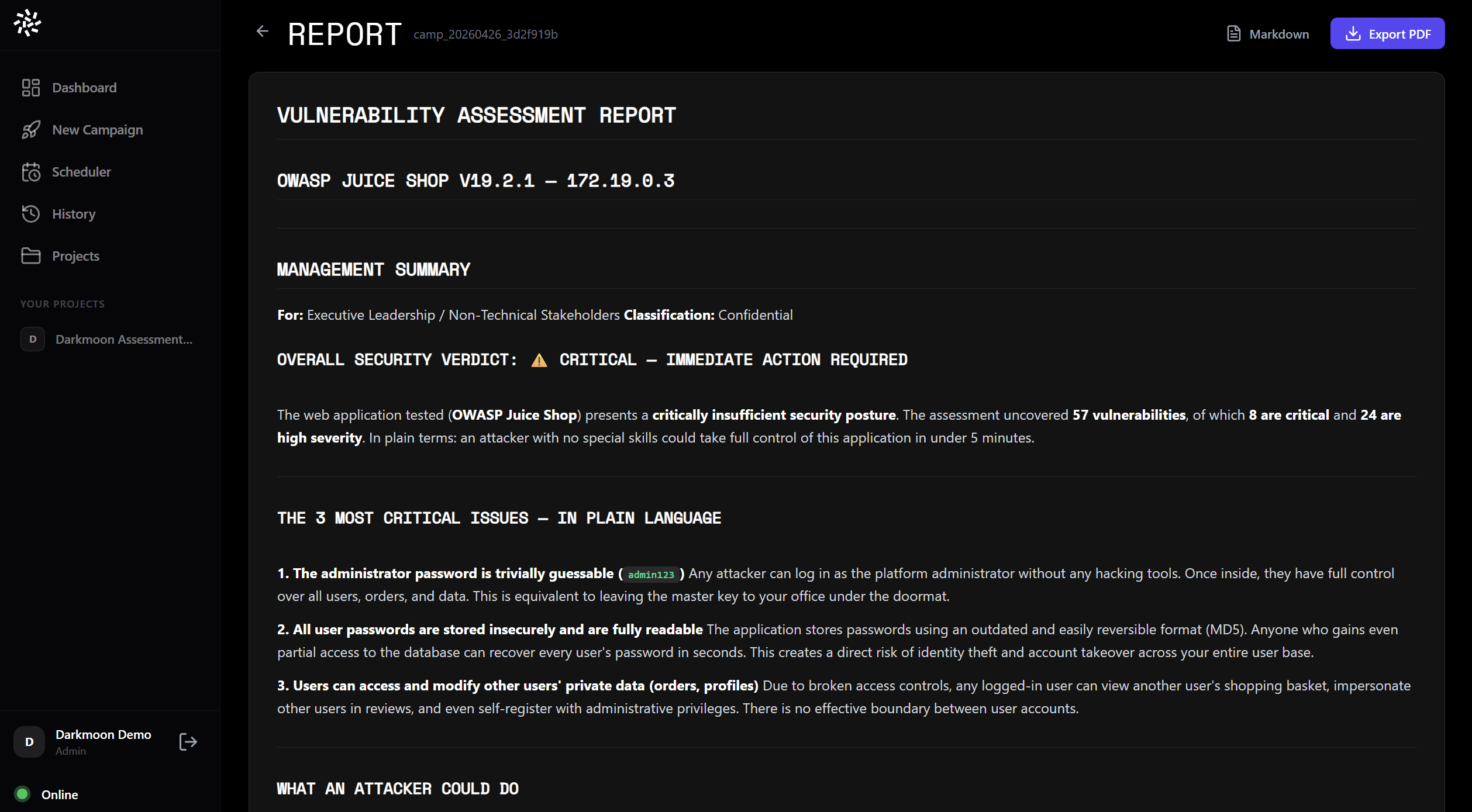 Darkmoon Pro structured web report with management summary, exportable to Markdown and PDF