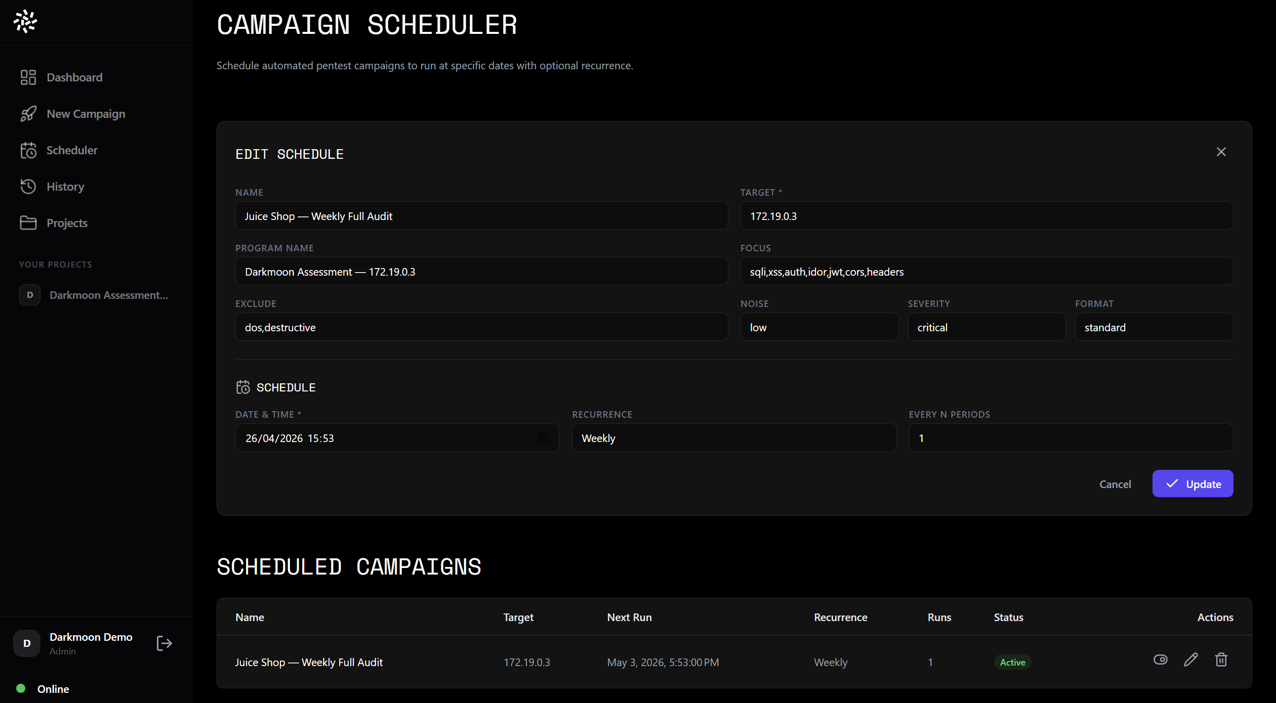 Darkmoon Pro campaign scheduler for recurring automated pentest campaigns with focus, severity and recurrence