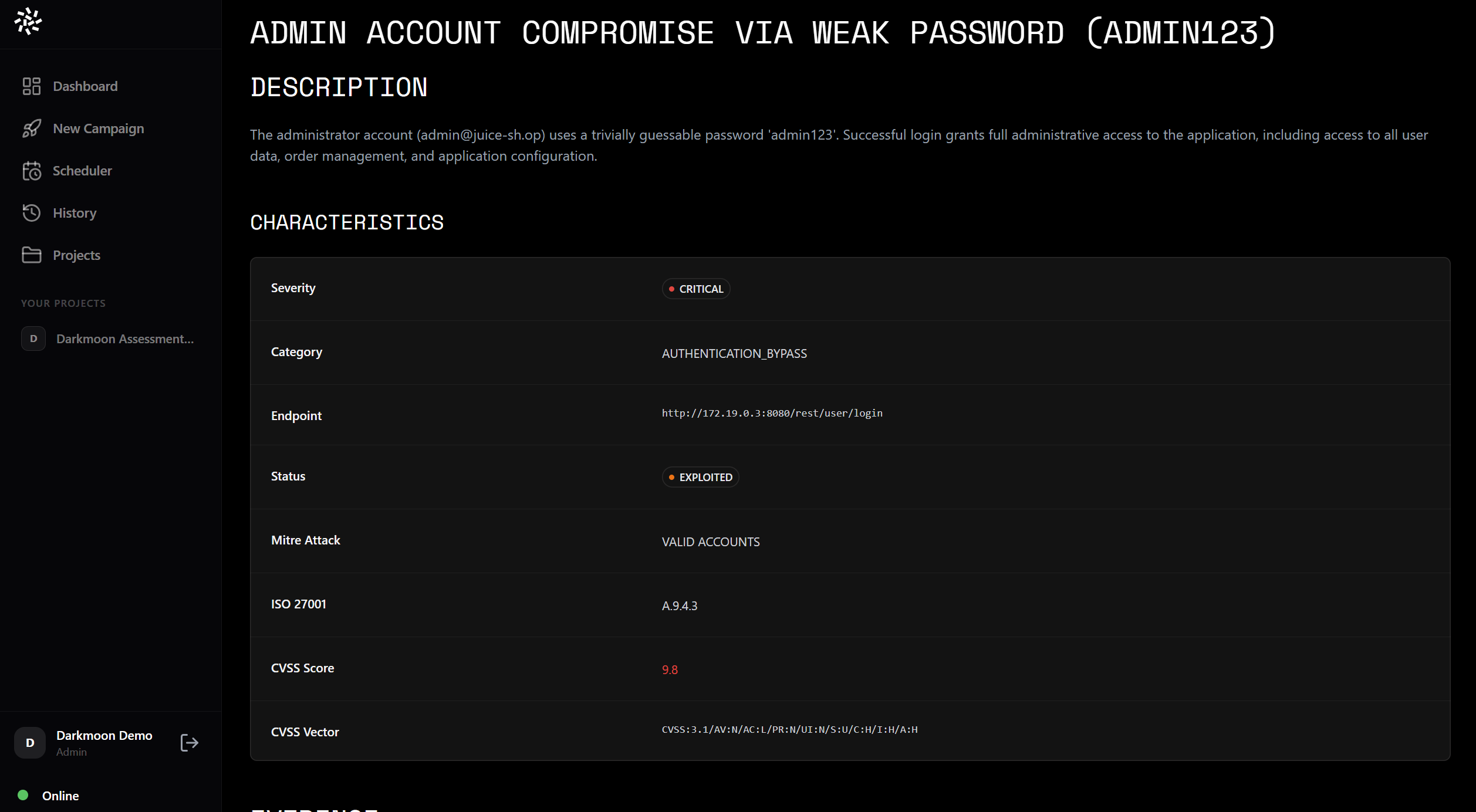 Darkmoon Pro finding detail with CVSS, MITRE ATT&CK and ISO 27001 mapping and EXPLOITED status