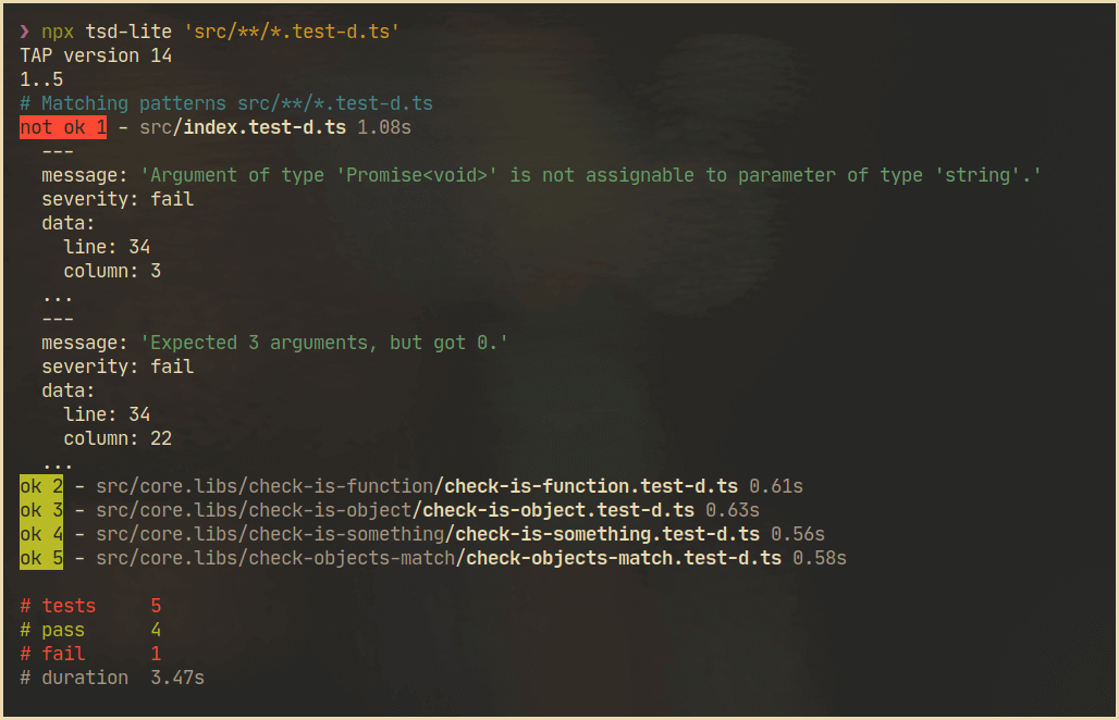 tsd-lite-cli default colored tap output