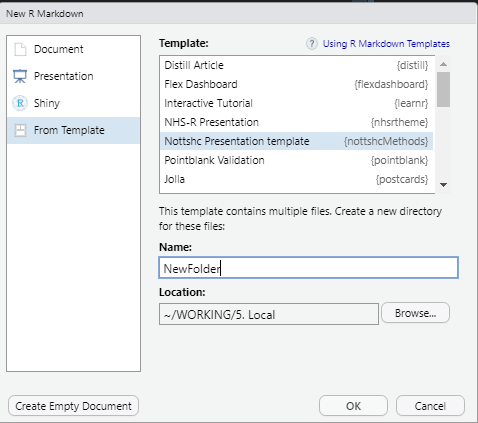 Screenshot of the templates wizard selection list with Nottshc Presentation Slides highlighted