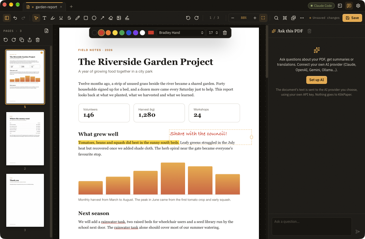 KlikPaper with a PDF an AI agent highlighted and annotated in a handwritten font over MCP, the page sidebar and the Ask this PDF panel