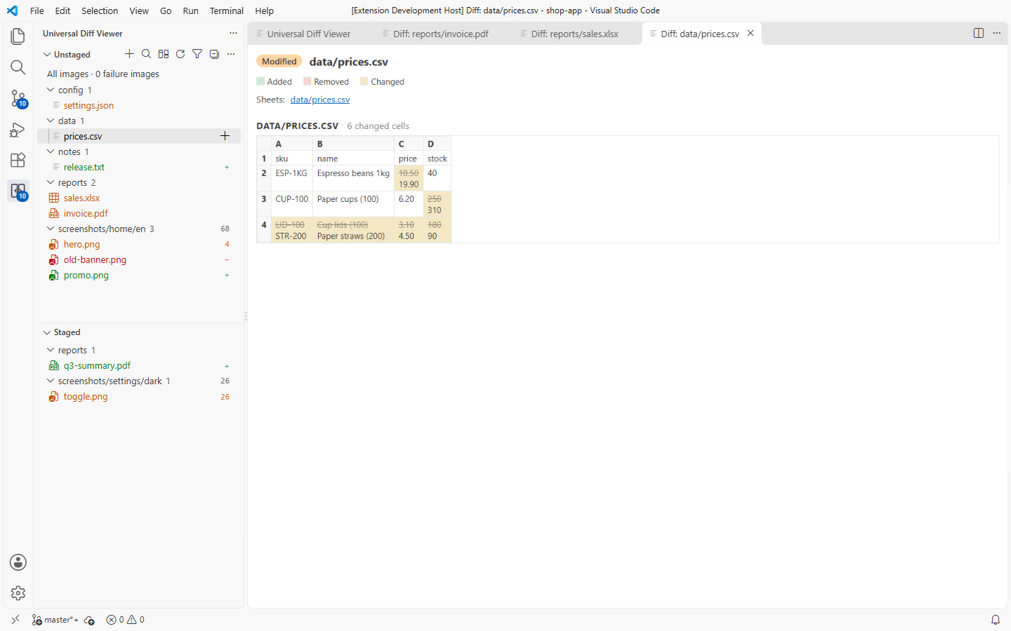 CSV diff with changed prices and stock, and a replaced row
