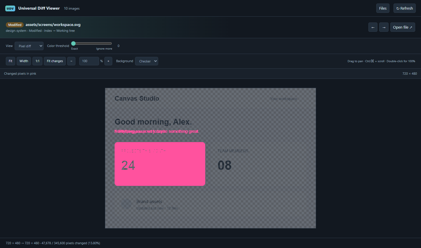 Pixel diff highlighting the changed card and subtitle in pink, with Color threshold set to Exact