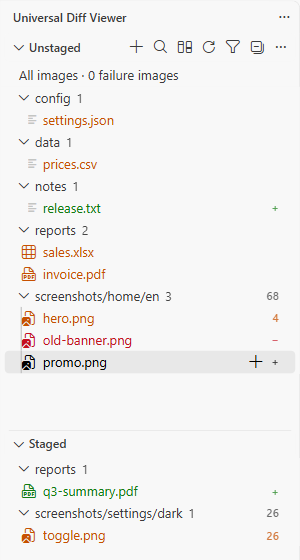 Unstaged and Staged panels with color-coded new, deleted, and modified files, file-type icons, and changed-pixel percentages