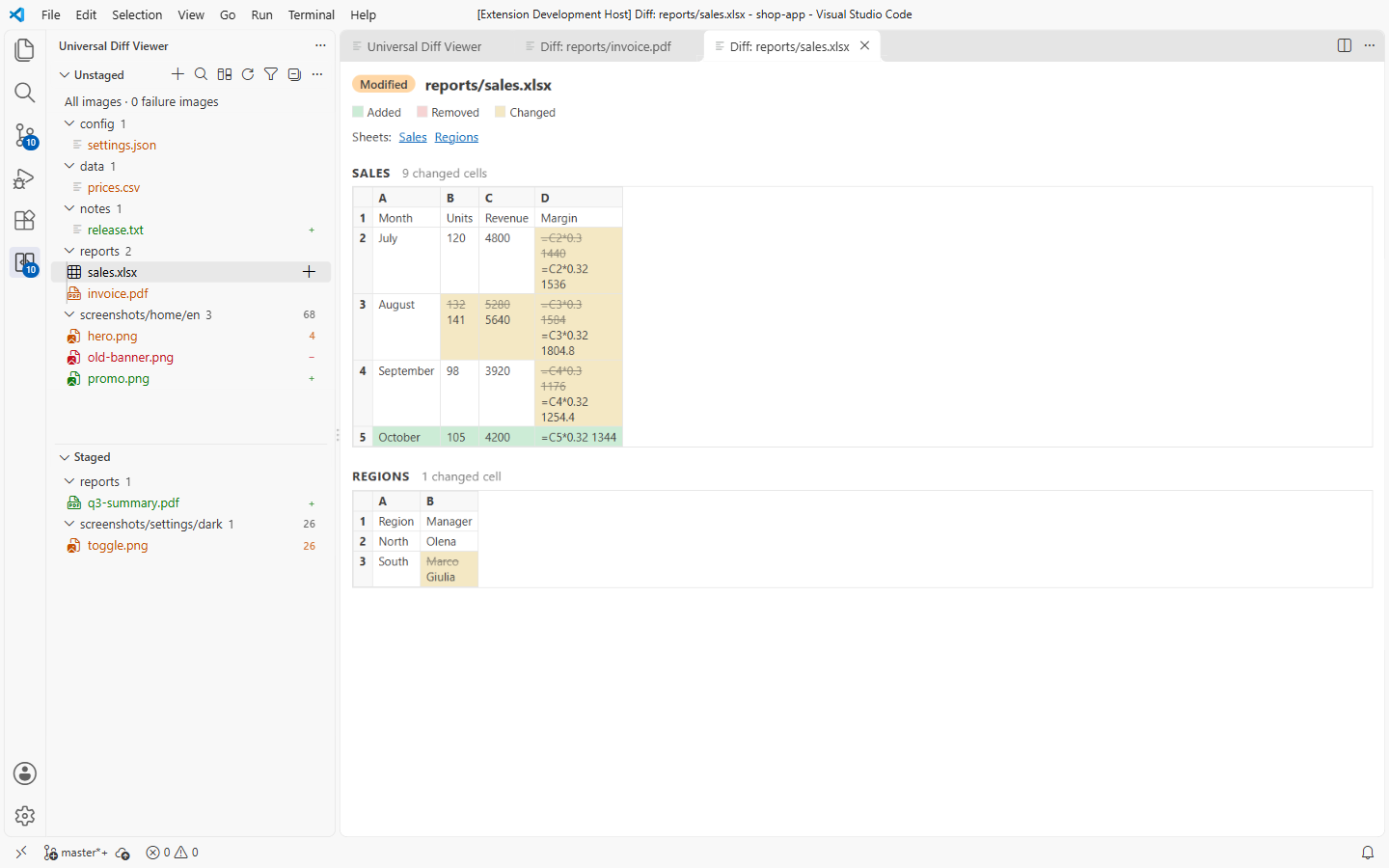 Workbook diff showing changed formulas with cached values, a new row, and a second worksheet