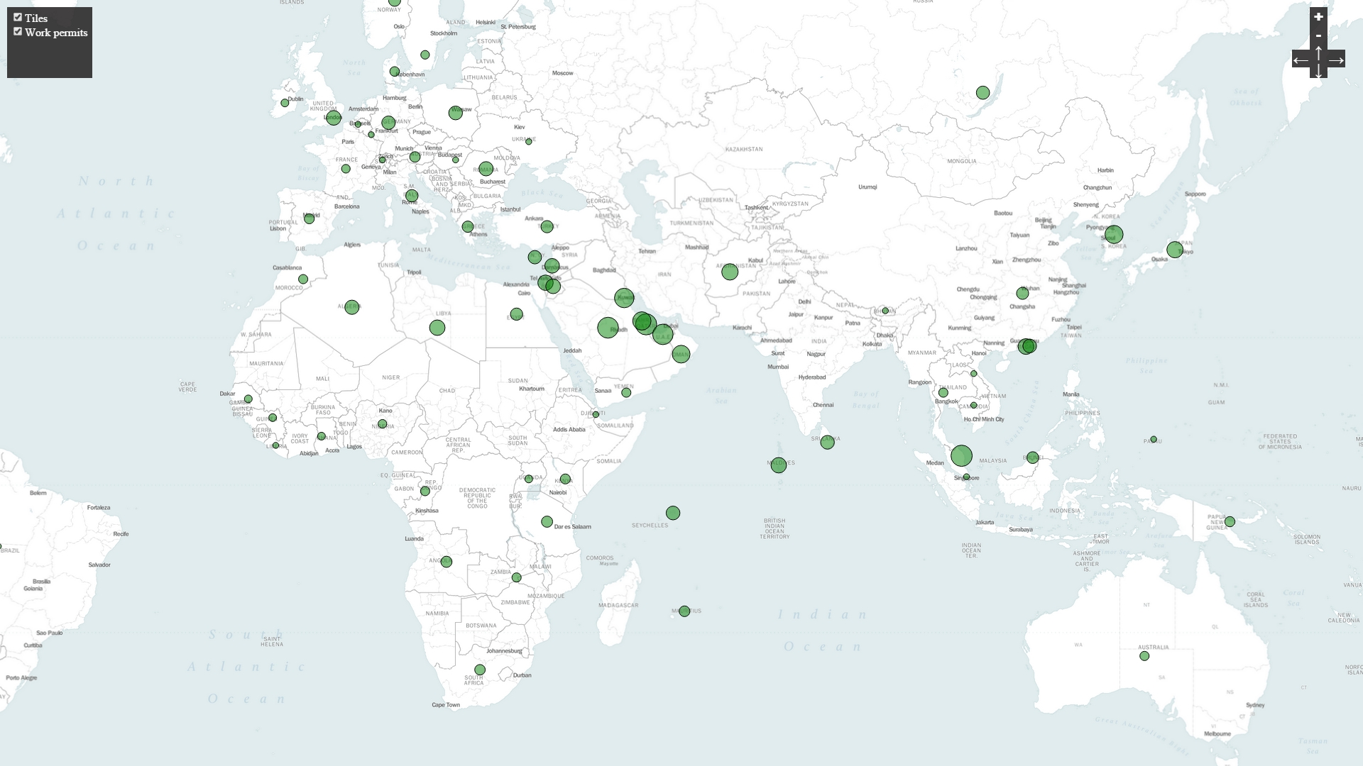 Scaled circles showing number of international work permits issued by Department of Foreign Employment, Nepal in 2011 