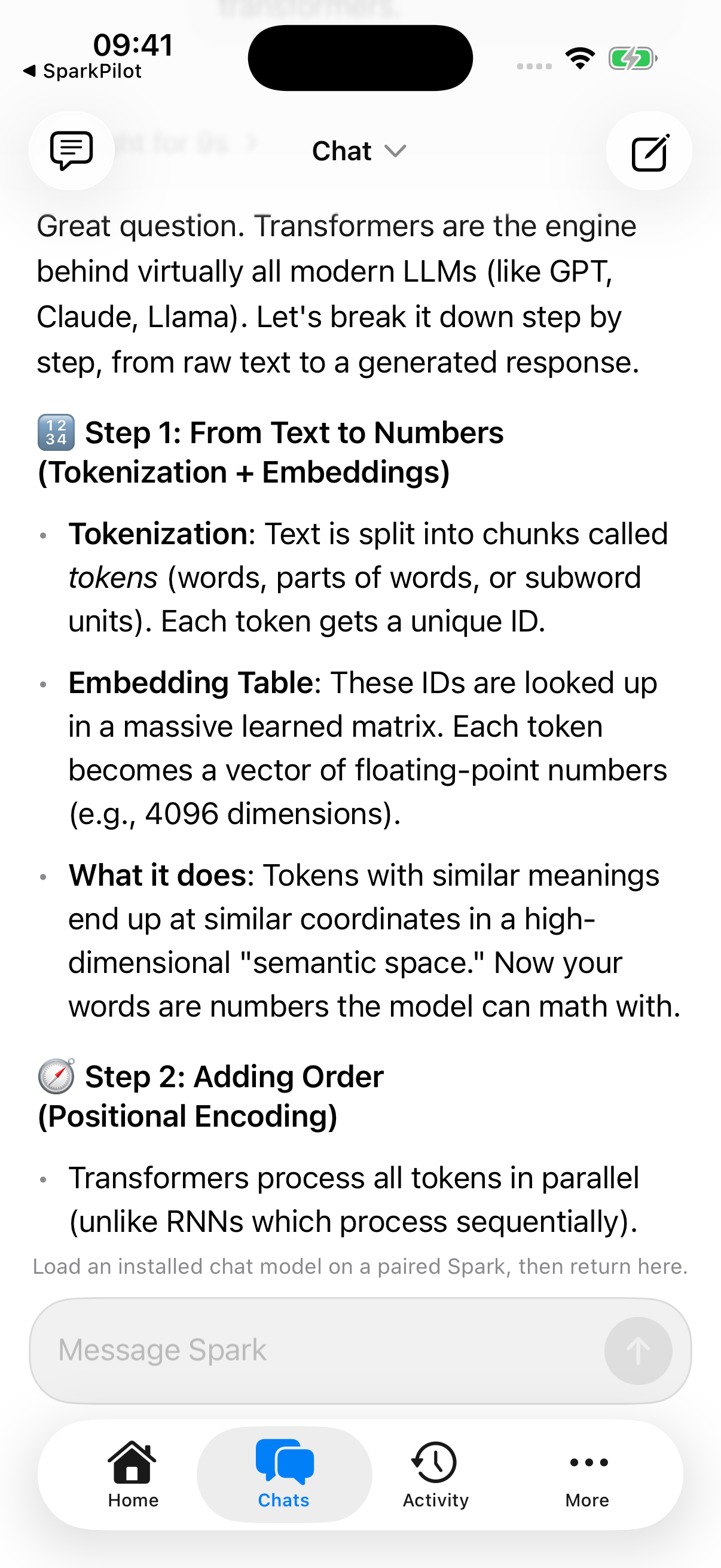 iPhone chat showing a formatted explanation of how language models work