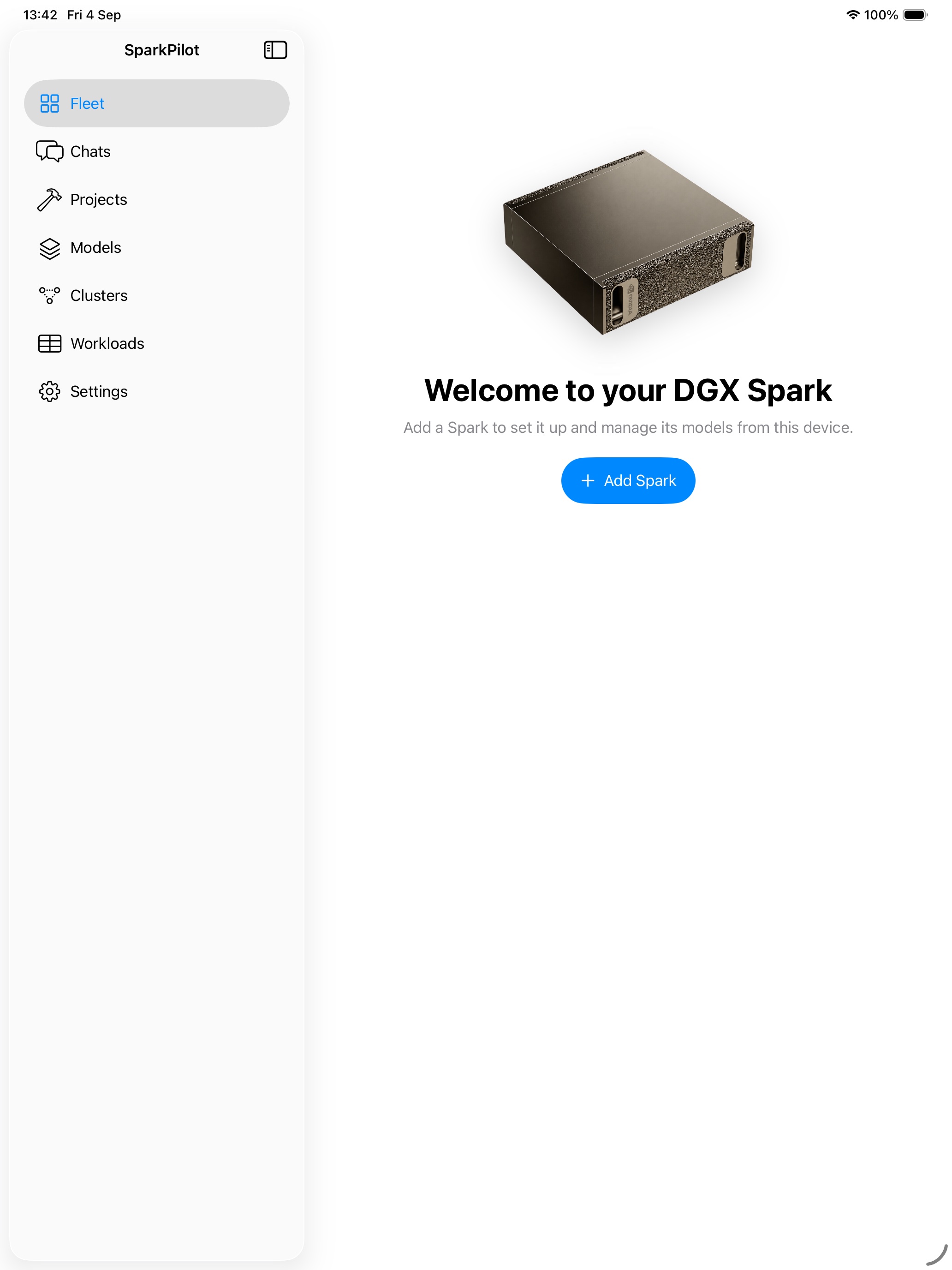 iPad setup screen with sidebar navigation and an Add Spark button