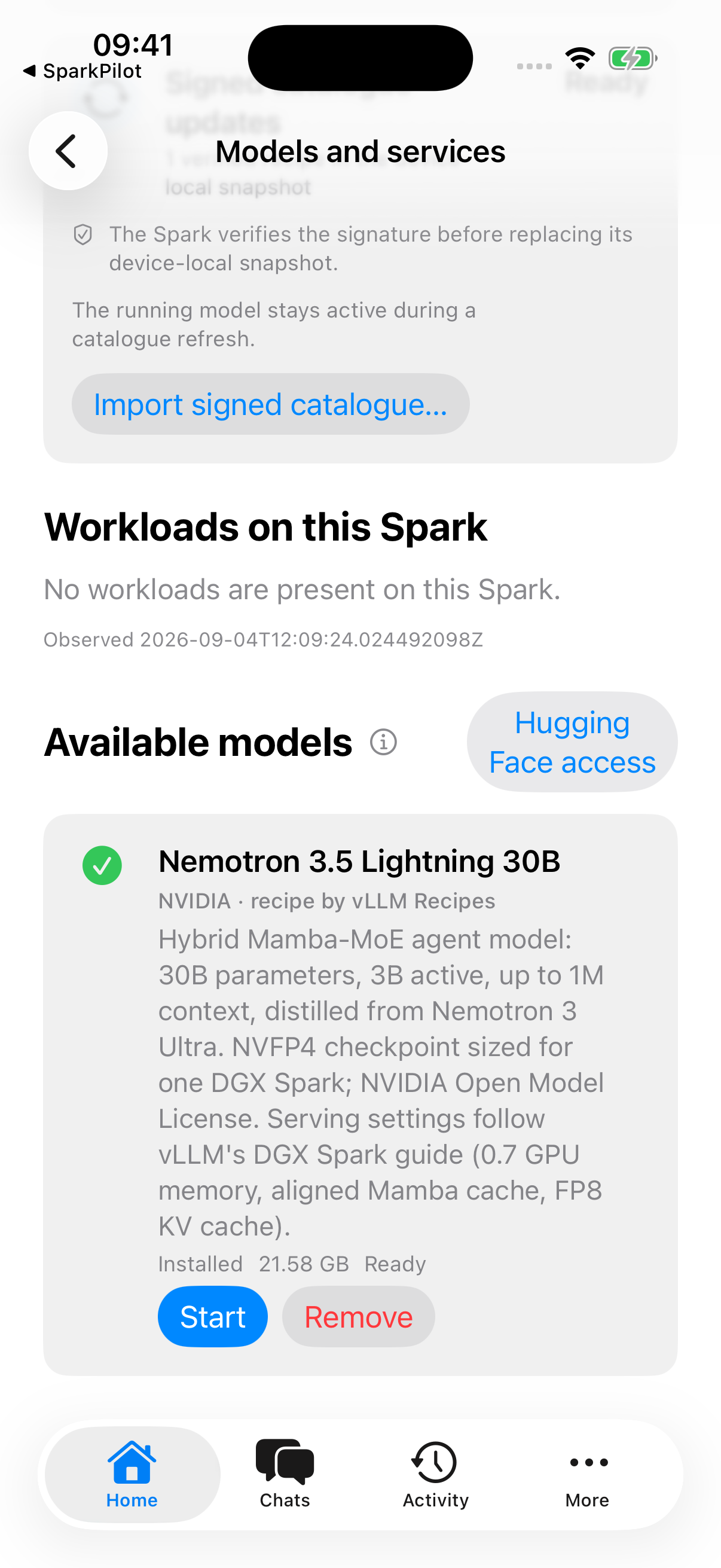 iPhone model management showing Nemotron Lightning installed and ready to start