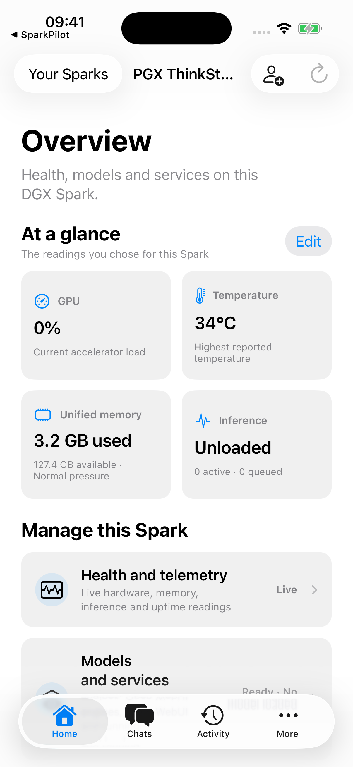 iPhone Spark overview showing GPU load, temperature, memory use and inference status