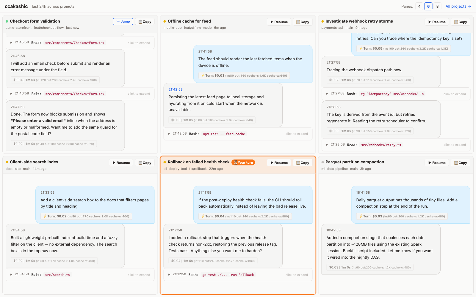 Cross-project dashboard: recent sessions side by side with live status dots, a waiting-for-you badge, and one-click Resume / Jump