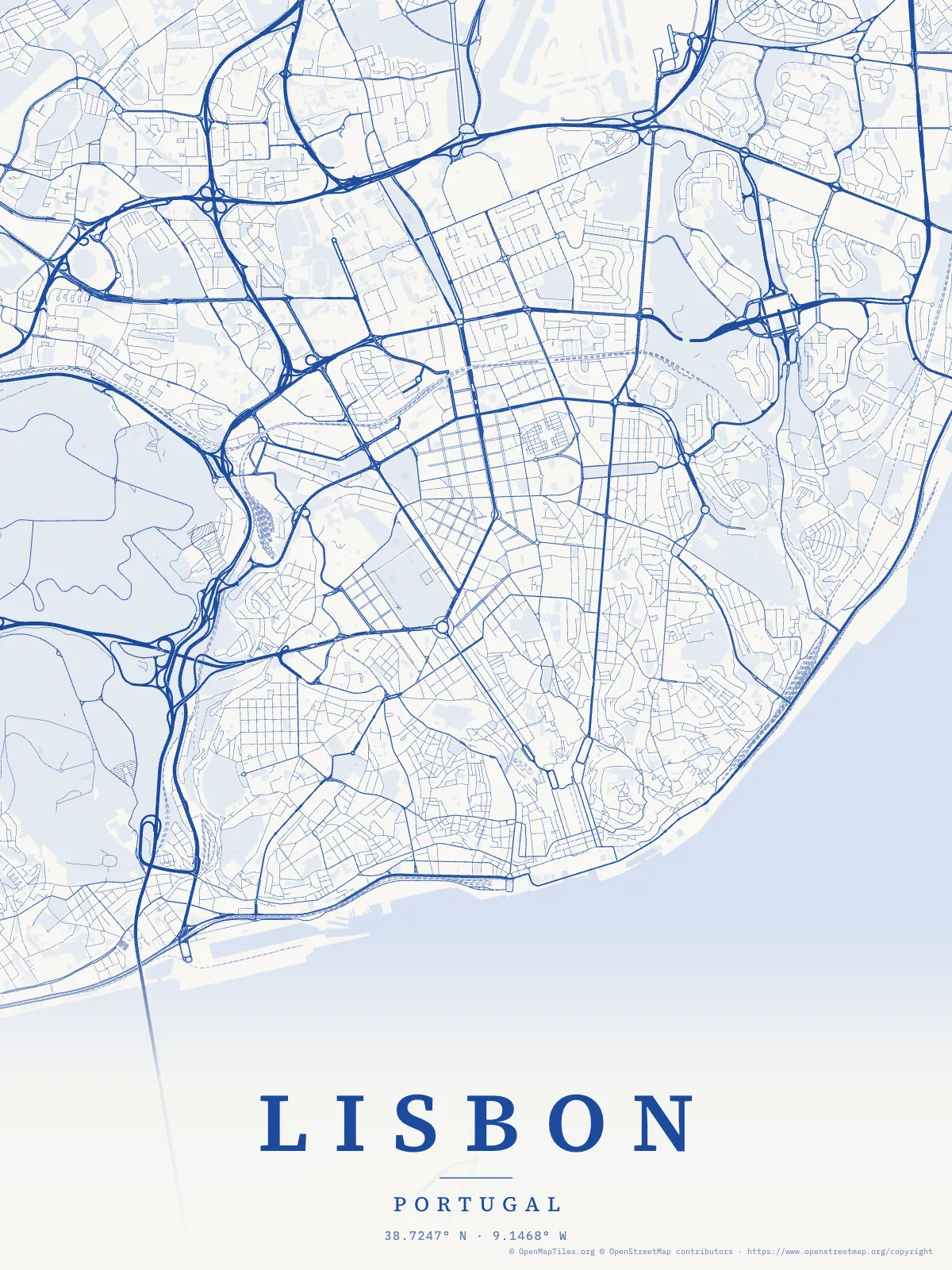 Poster of Lisbon in cobalt blue on white