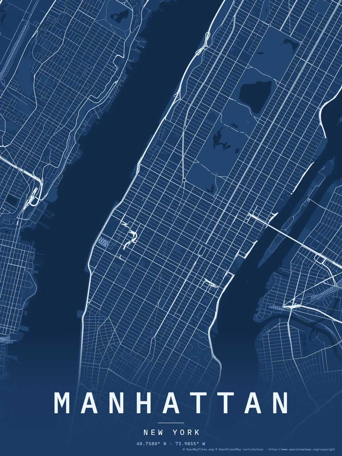 Poster of Manhattan as a white-on-blue blueprint